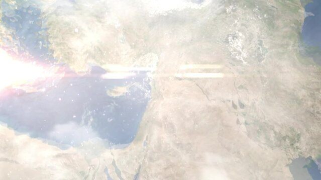 Earth zoom in from outer space to city. Zooming on Hama, Syria. The animation continues by zoom out through clouds and atmosphere into space. Images from NASA