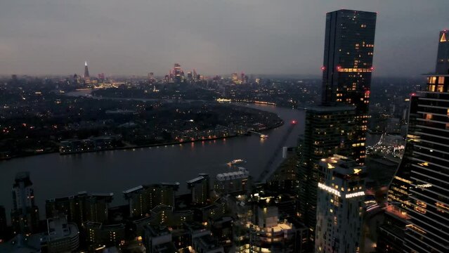 Aerial shot of the city of London and canary wharf