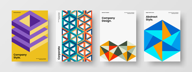 Vivid geometric tiles corporate brochure illustration bundle. Amazing journal cover design vector template collection.