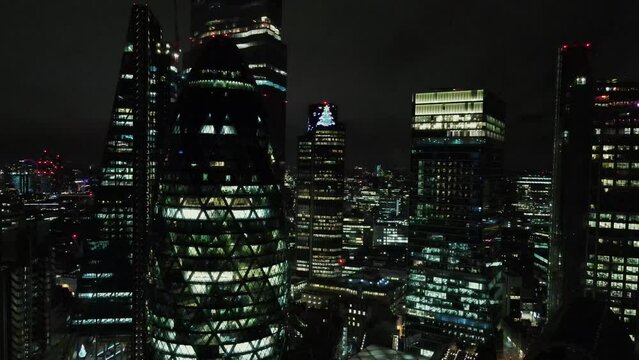 Bishops road in the City of London, aerial shot of the financial district at night