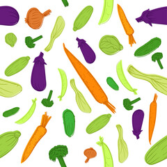 Hand drawn sketch vegetables healthy food. Eggplant, carrot, zucchini, cucumber, broccoli seamless pattern with white background. 