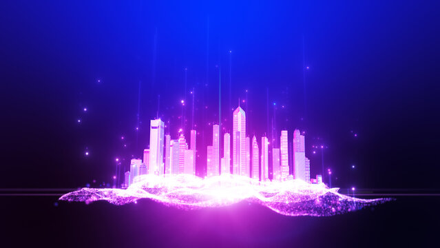 Futuristic digital city skyline. Big data, Artificial intelligence, Internet of things. 3D rendering.