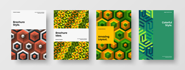 Unique geometric hexagons postcard template set. Amazing flyer vector design layout composition.