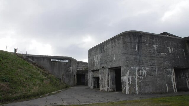 Panning shot of Fort Casey's historic military compound in Washington State.