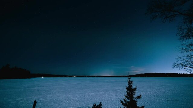 Time lapse of people watching northern lights, on lake Bodom in Espoo, Finland