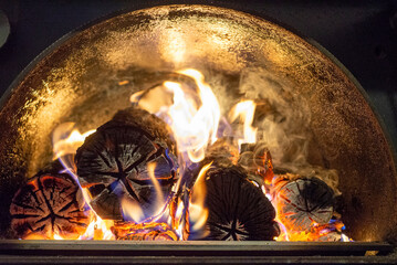 Burning firewood in fire-box of boiler in country cottage.