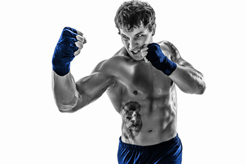 Portrait of silhouette boxer who training, practicing uppercut on white background. Blue sportswear - obrazy, fototapety, plakaty
