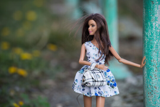 Mulhouse - France - 24 March 2022 - Portrait Of Brunette Barbie Doll Wearing A Blue Dress Posing In Outdoor