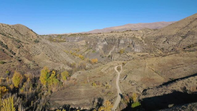 Khosrov reserve in Armenia. Aerial footage mountains at autumn time. Extremal tourism.  Healthy and active life․ Tracking trail. 
