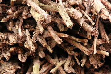 Stacked small wood from close up