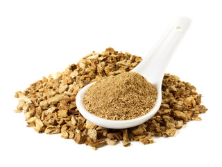 Dried Gentian Roots with Powder - Bitter Substance isolated on white Background