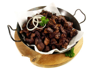 Deep Fried Meat in a Pan isolated on white Background