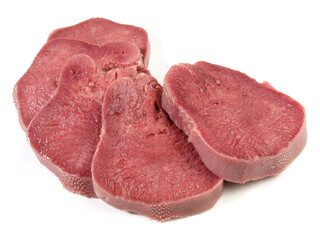 Fine Meat - Boiled Cured Veal Tongue Meat Slices isolated on white Background