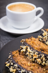 Fresh baked pastry made of zucchini and cup of coffee. Delicious dessert