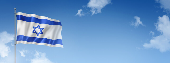 Israeli flag isolated on a blue sky. Horizontal banner