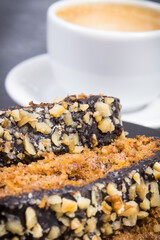 Fresh pastry made of zucchini and cup of coffee. Delicious dessert