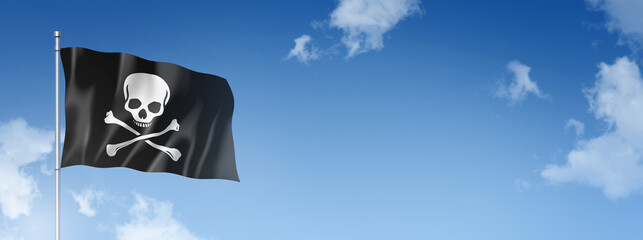 Pirate flag, Jolly Roger isolated on a blue sky. Horizontal banner