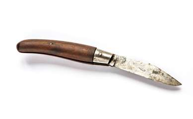 Traditional wooden pocket knife isolated on white background