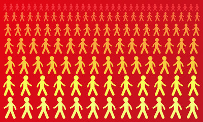 Yellow cartoon men are coming. Red gradient background. For packaging design, stores, background for website banners. Vector illustration.