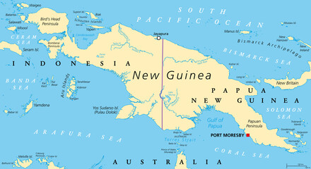 New Guinea, political map. 2nd-largest island of the world located in Oceania in South Pacific Ocean. The eastern half is the major landmass of Papua New Guinea. The western half is part of Indonesia.