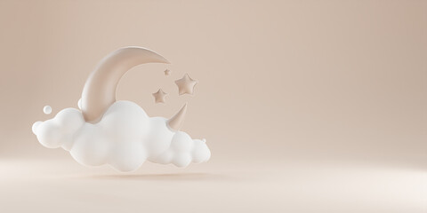 3d modern Islamic holiday banner in brown monotone design  with Ramadan crescent moon, star, and clouds.