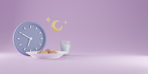 3d Ramadan or Islamic holiday celebration banner layout with iftar or ftoor menu meal. Dried dates, drink, moon, and clock.
