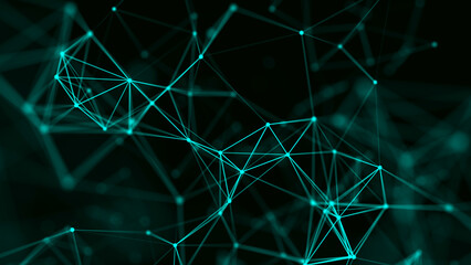 Distribution of triangular shapes in space.Numerous figures, connected by lines and dots on dark green background. Of a light green network with flickering spots. 3D rendering. - obrazy, fototapety, plakaty