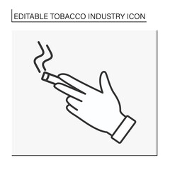  Smoking line icon. Hand keep cigar.Bad habit. Unhealthy addiction. Tobacco industry concept. Isolated vector illustration. Editable stroke