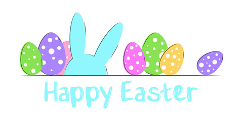 Happy Easter background with eggs and  rabbit. Vector illustration greeting card, ad, promotion, poster, flyer, banner.