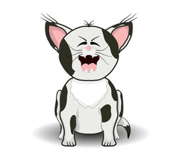Cute cartoon cat opens its mouth wide isolated on white background