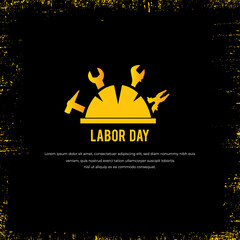 International Labour day background with silhouette of helmet and tools. Happy Labour Day design vector isolated on black background.