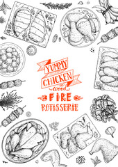 Chicken meat. Grilled and Fried chicken. Hand drawn sketch illustration. Grilled chicken meat top view frame. Vector illustration. Engraved design. Restaurant menu design template.