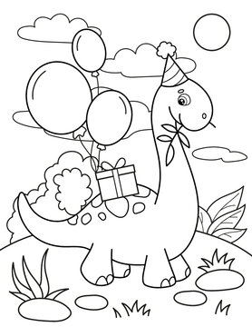 Mamenchisaurus with a gift. Coloring book. Coloring book with dinosaur.