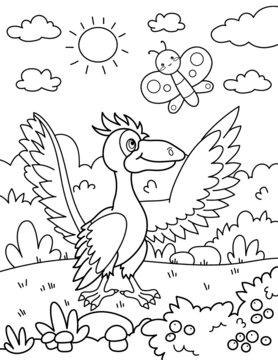 Archeopteryx with a butterfly. Coloring. Coloring book with dinosaur.