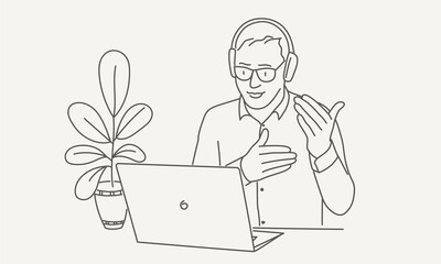 Man operator of call center or hotline. Video conference meeting.