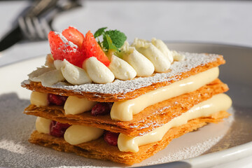 Puff pastry millefeuille cake with cream on a white plate, close up, side view
