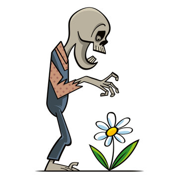 Peaceful dead zombie sniffing a daisy flower, romantic image
