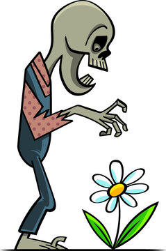 Peaceful dead zombie sniffing a daisy flower, romantic image