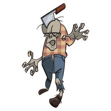 Walking zombie with a butchers cleaver in his head