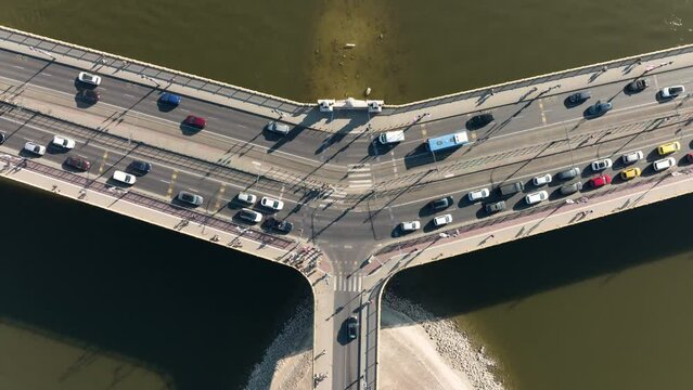 Drone timelapse top view of the Margaret Bridge, Budapest