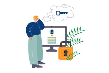 Confused redhaired man forgot password. Desktop computer screen. Vector illustration for web page. Modern flat style.