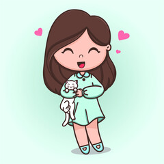 Happy girl holding white cat