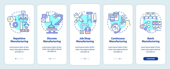 Types of manufacturing processes onboarding mobile app screen. Walkthrough 5 steps graphic instructions pages with linear concepts. UI, UX, GUI template. Myriad Pro-Bold, Regular fonts used
