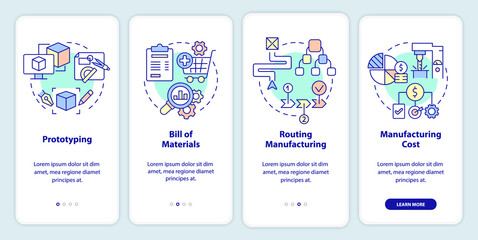 Manufacturing stages onboarding mobile app screen. Production process walkthrough 4 steps graphic instructions pages with linear concepts. UI, UX, GUI template. Myriad Pro-Bold, Regular fonts used