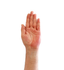 Hand palm of adult man showing up isolated on white background, clipping path included.