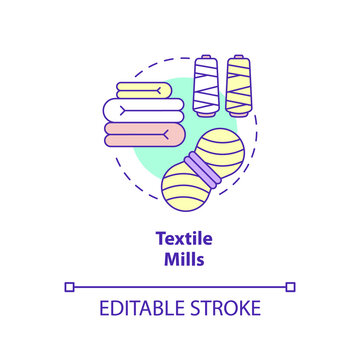 Textile mills concept icon. Distribution of yarn and cloth. Business subsector abstract idea thin line illustration. Isolated outline drawing. Editable stroke. Arial, Myriad Pro-Bold fonts used