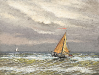 Fototapeta na wymiar Oil paintings sea landscape, fishermen, old sailboat on the sea. Fine art, artwork