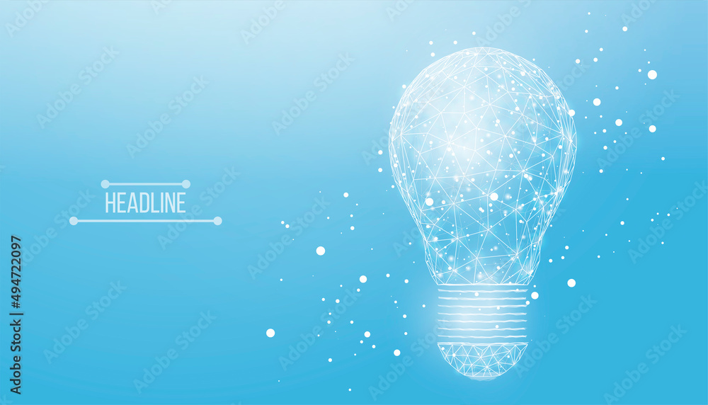 Poster wireframe polygonal lightbulb. internet technology network, business idea concept with glowing low p