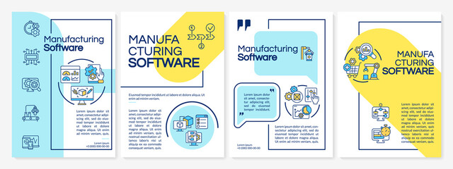 Manufacturing software blue, yellow brochure template. Automated system. Leaflet design with linear icons. 4 vector layouts for presentation, annual reports. Questrial, Lato-Regular fonts used