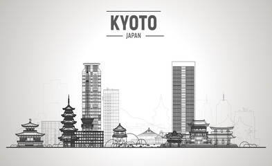 Obraz premium Kyoto ( Japan ) line skyline with panorama in white background. Vector Illustration. Business travel and tourism concept with modern buildings.